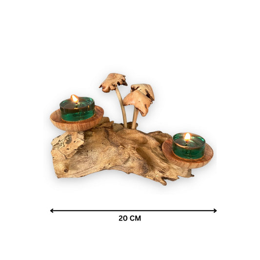 Paddenstoelen (3 stuks) op Rootwood met 2 theelichthouders – 25 cm